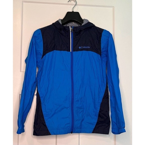 Columbia Sportswear Boys Windbreaker Blue Colorblock‎ Hooded Long Sleeve Zip M - Picture 1 of 9
